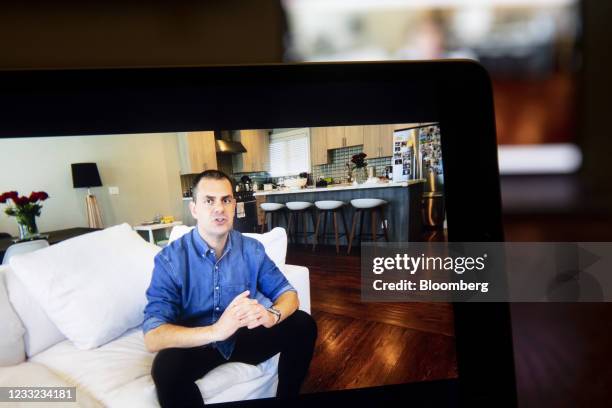 Konstantinos Papamiltiadis, vice president of platform partnerships for Facebook Inc., speaks during the virtual F8 Developers Conference on a laptop...