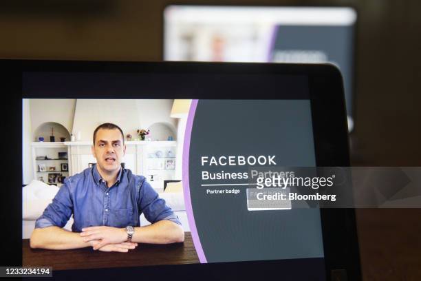Konstantinos Papamiltiadis, vice president of platform partnerships for Facebook Inc., speaks during the virtual F8 Developers Conference on a laptop...
