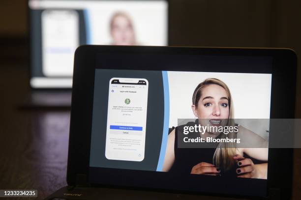 Kelly Stonelake, director of platform product marketing for Facebook, Inc., speaks during the virtual F8 Developers Conference on a laptop computer...