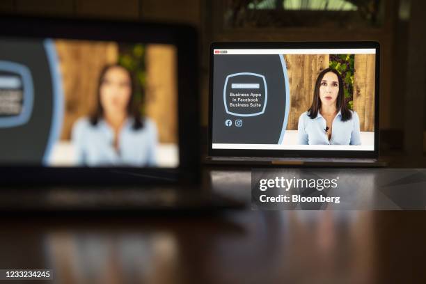 Danielle Lepe, director of business suite product marketing for Facebook, Inc., speaks during the virtual F8 Developers Conference on a laptop...