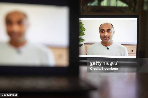 Ajit Varma, head of business products at WhatsApp for Facebook, Inc., speaks during the virtual F8 Developers Conference on a laptop computer in...