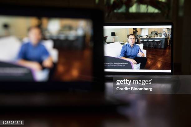 Konstantinos Papamiltiadis, vice president of platform partnerships for Facebook Inc., speaks during the virtual F8 Developers Conference on a laptop...