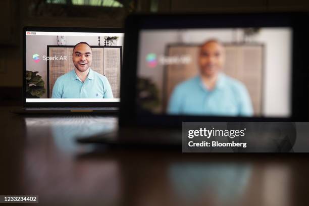 Chris Barbour, director of Spark AR partnerships for Facebook, Inc., speaks during the virtual F8 Developers Conference on a laptop computer in...