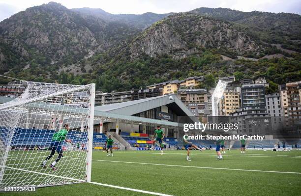 Andorra , Andorra - 2 June 2021; John Egan has an attempt on goal during a Republic of Ireland training session at Estadi Nacional in Andorra.