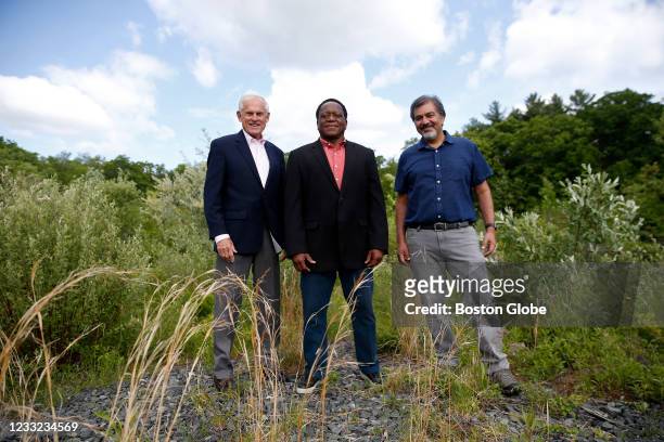 Hopkinton, MA From left, organizers of The Running Hall of Fame Project leader Tim Kilduff, Town Manager Norman Khumalo and Select Board Vice Chair...