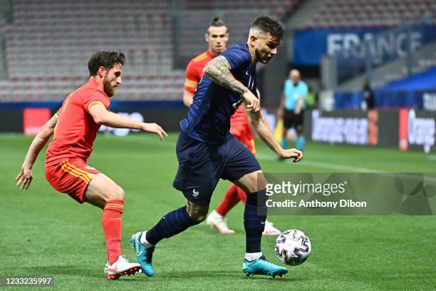 Lucas HERNANDEZ of France and Joe ALLEN of Wales during the international team friendly match between France and Wales at Allianz Riviera on June 2,...