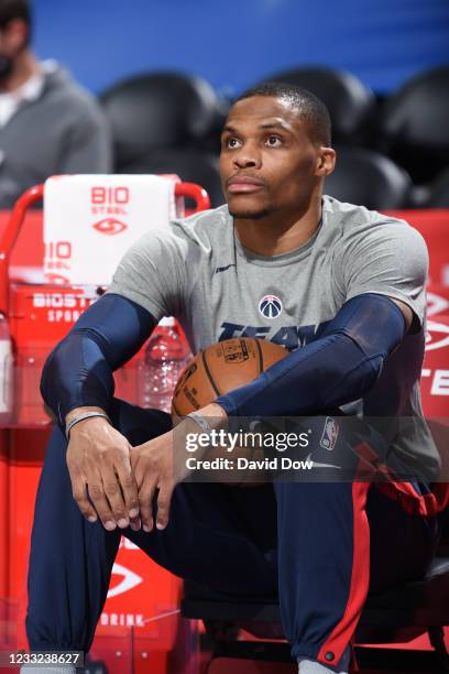 Russell Westbrook of the Washington Wizards looks on prior to a game against the Philadelphia 76ers during Round 1, Game 5 of the Eastern Conference...