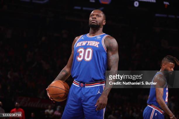 Julius Randle of the New York Knicks shoots a free throw against the Atlanta Hawks during Round 1, Game 5 of the 2021 NBA Playoffs on June 2, 2021 at...