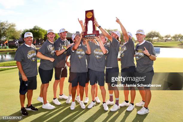 The Pepperdine Waves celebrate after defeating the Oklahoma Sooners during the Division I Mens Golf Championship held at the Grayhawk Golf Club on...