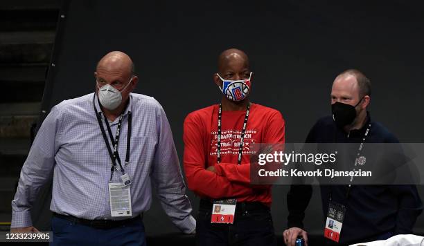 Los Angeles Clippers owner Steve Ballmer and Lawrence Frank , president of basketball operations, look on during team warm ups prior to the start of...