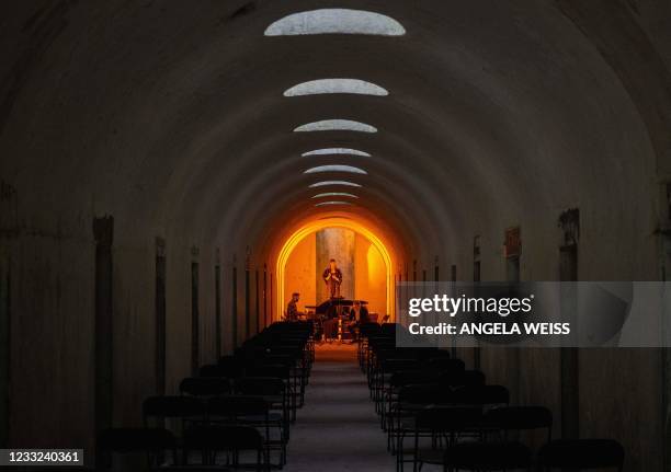 Lucy Dhegrae and musicians perform during Death of Classical's new "The Angel's Share" season rehearsal at Green-Wood Cemetery on June 2, 2020 in New...