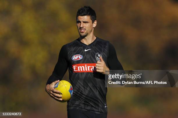 Scott Pendlebury of the Magpies looks on during the Collingwood training session at the Holden Centre on June 03, 2021 in Melbourne, Australia.