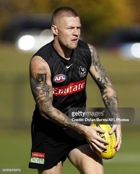 Jordan De Goey of the Magpies in action during the Collingwood training session at the Holden Centre on June 03, 2021 in Melbourne, Australia.