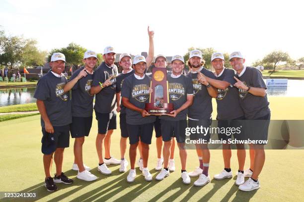 The Pepperdine Waves celebrate after defeating the Oklahoma Sooners during the Division I Mens Golf Championship held at the Grayhawk Golf Club on...