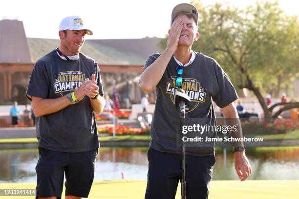 Head Coach Michael Beard of the Pepperdine Waves celebrates after defeating the Oklahoma Sooners during the Division I Mens Golf Championship held at...