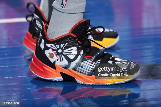The sneakers worn by Russell Westbrook of the Washington Wizards during Round 1, Game 5 of the Eastern Conference Playoffs on June 2, 2021 at Wells...