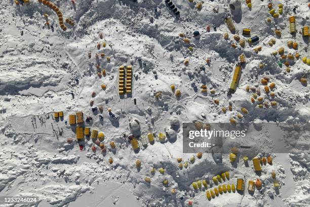 This aerial picture taken on April 22, 2021 shows tents at the Everest Base Camp, some 140 km northeast of Kathmandu.