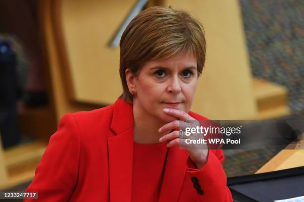 Scottish First Minister Nicola Sturgeon attends First Ministers Questions at the Scottish Parliament on June 3, 2021 in Edinburgh, Scotland.