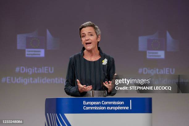 European Commission vice-president in charge Europe fit for the digital age Margrethe Vestager gives a press conference with the EU commissioner for...