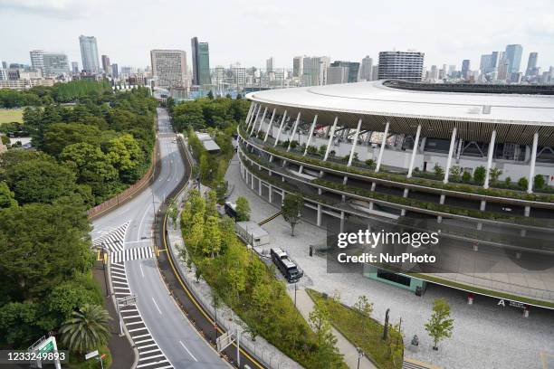 The National Stadium, the main venue for the Tokyo 2020 Olympic and Paralympic Games, is seen on the day marking 50 days to go for the Tokyo Olympic...