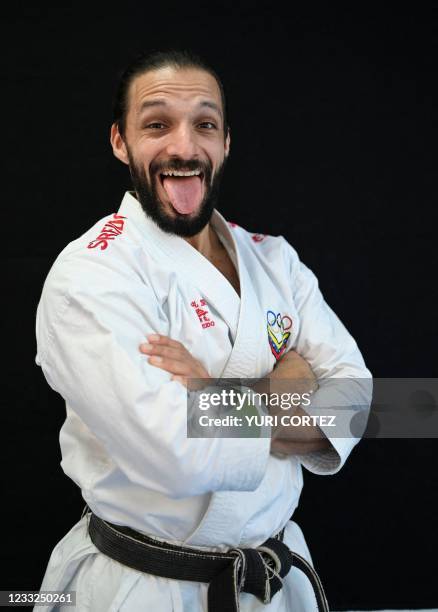 Two-time world champion Venezuelan karate athlete Antonio Diaz, who qualified to participate in the 2021 Tokyo Olympic Games, poses during a photo...
