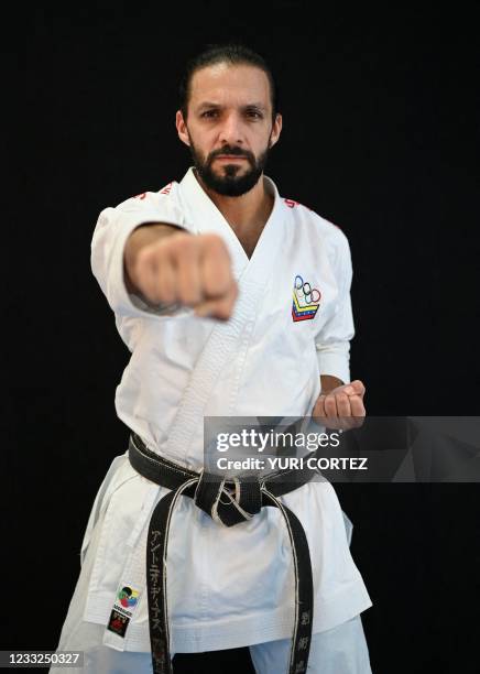 Two-time world champion Venezuelan karate athlete Antonio Diaz, who qualified to participate in the 2021 Tokyo Olympic Games, poses during a photo...