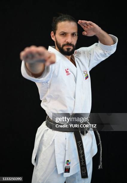 Two-time world champion Venezuelan karate athlete Antonio Diaz, who qualified to participate in the 2021 Tokyo Olympic Games, poses during a photo...