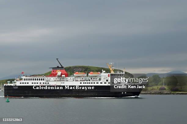 The Caledonian MacBrayne vessel MV Isle of Mull leaves Oban, with the hills of the Mull in the background, as the company's services return to...