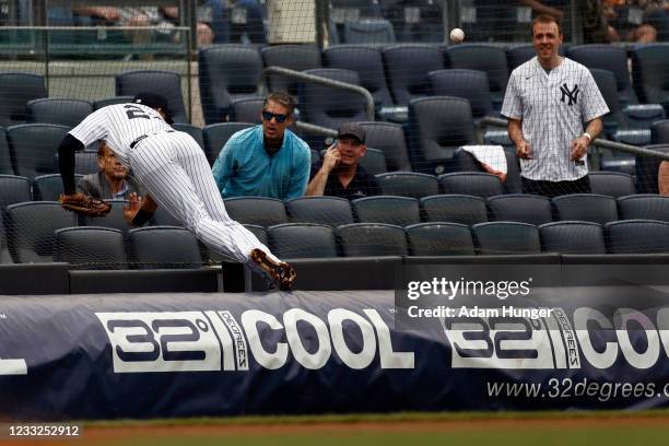 Gio Urshela of the New York Yankees falls into the protective netting jumping over the tarp trying for a foul ball against the Tampa Bay Rays during...