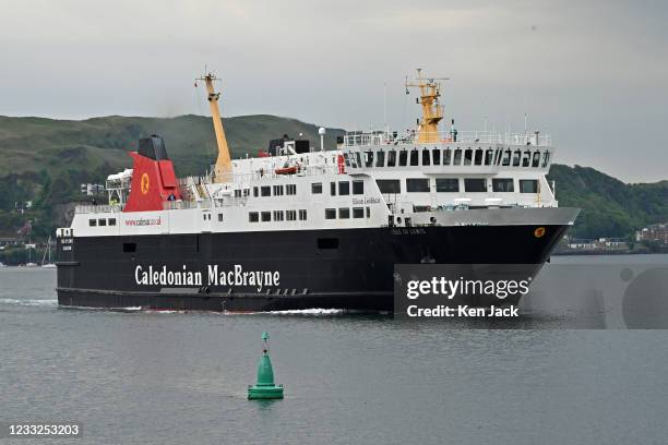 The Caledonian MacBrayne vessel MV Isle of Lewis leaves Oban, as the company's services return to normal, on June 3, 2021 in Oban, Scotland. There...