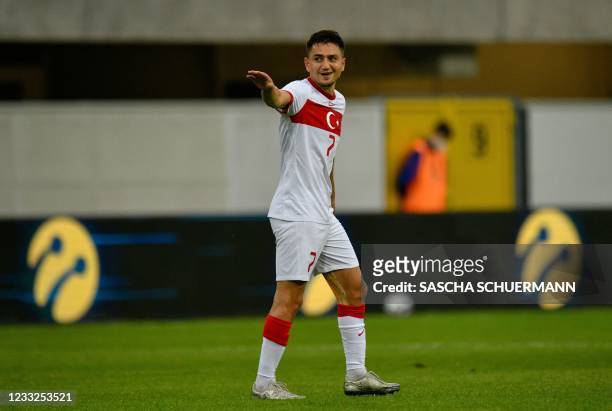 Turkey's midfielder Cengiz Under celebrates scoring the 2-0 during the friendly football match Turkey vs Moldova in Paderborn, western Germany on...