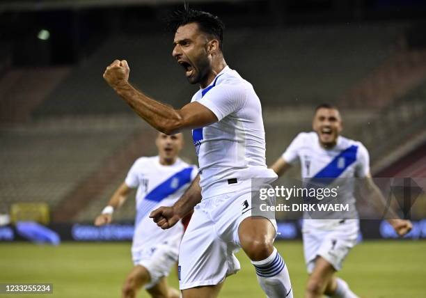 Greece Giorgos Tzavellas celebrates after scoring during a friendly game of the Belgian national soccer team Red Devils and Greece national team, in...