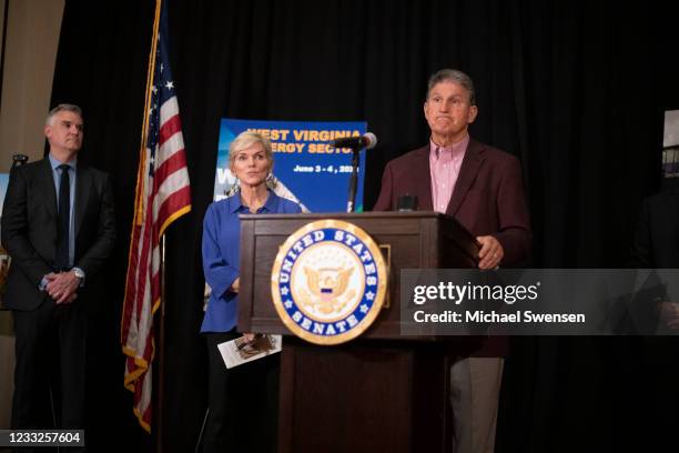 Sen. Joe Manchin and U.S. Energy Secretary Jennifer M. Granholm take questions at a news conference at the Marriott Hotel at Waterfront Place June 3,...