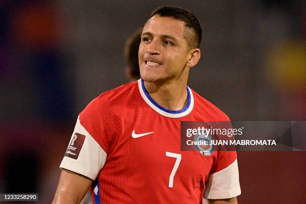 Chile's Alexis Sanchez reacts after taking a free-kick during the South American qualification football match for the FIFA World Cup Qatar 2022...