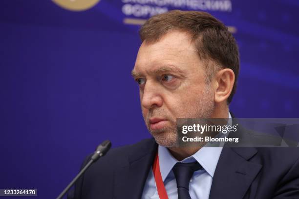 Oleg Deripaska, Russian billionaire, listens during a panel session on day three of the St. Petersburg International Economic Forum in St....