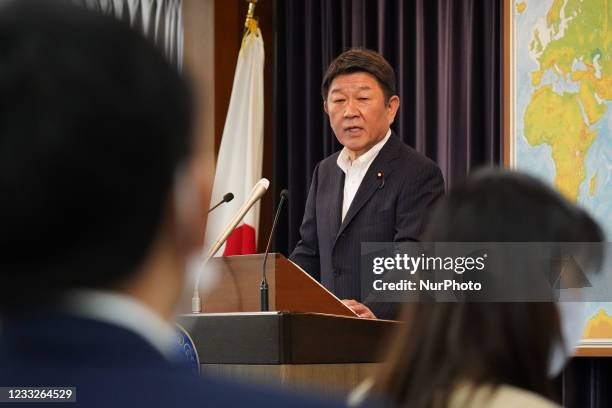 Japan's Foreign Minister Toshimitsu Motegi tells press conference about the governments decision of vaccine donation to Taiwan on June 4, 2021 in the...