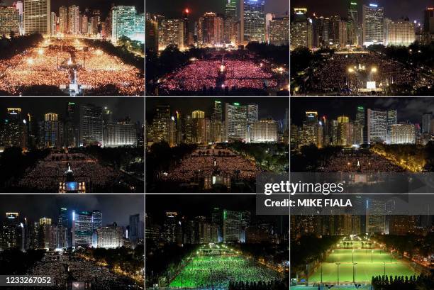 This combination of file photos taken on June 4 June 4 June 4 June 4 June 4 June 4 June 4 shows activists attending a candlelit vigil at Victoria...