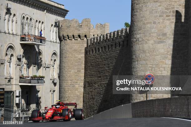 Ferrari's Spanish driver Carlos Sainz Jr steers his car during the second practice session ahead of the Formula One Azerbaijan Grand Prix at the Baku...