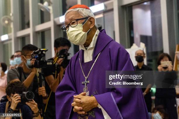 Joseph Zen, cardinal of the Holy Roman Church, arrives for a church service at St. Andrew's Parish in Hong Kong, China, on Friday, June 4, 2021. Hong...