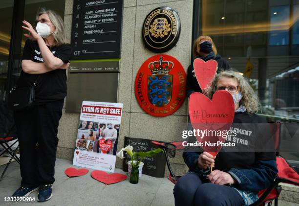 Eilean Boyle with two other members from the Irish Syria Solidarity Movement protest outside the Denmark Embassy. Eilean is fasting for a total of 72...