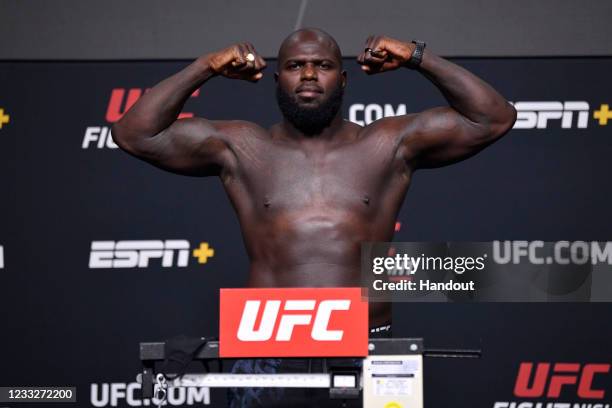 Jairzinho Rozenstruik of Suriname poses on the scale during the UFC Fight Night weigh-in at UFC APEX on June 04, 2021 in Las Vegas, Nevada.