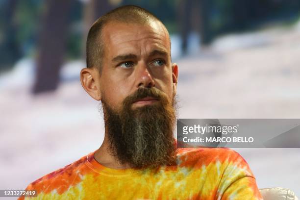 Jack Dorsey, CEO of Twitter and co-founder & CEO of Square, attends the crypto-currency conference Bitcoin 2021 Convention at the Mana Convention...