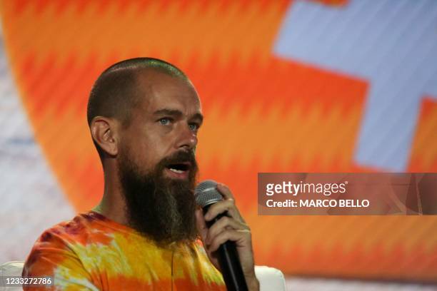Jack Dorsey creator, co-founder, and Chairman of Twitter and co-founder & CEO of Square, speaks during the crypto-currency conference Bitcoin 2021...