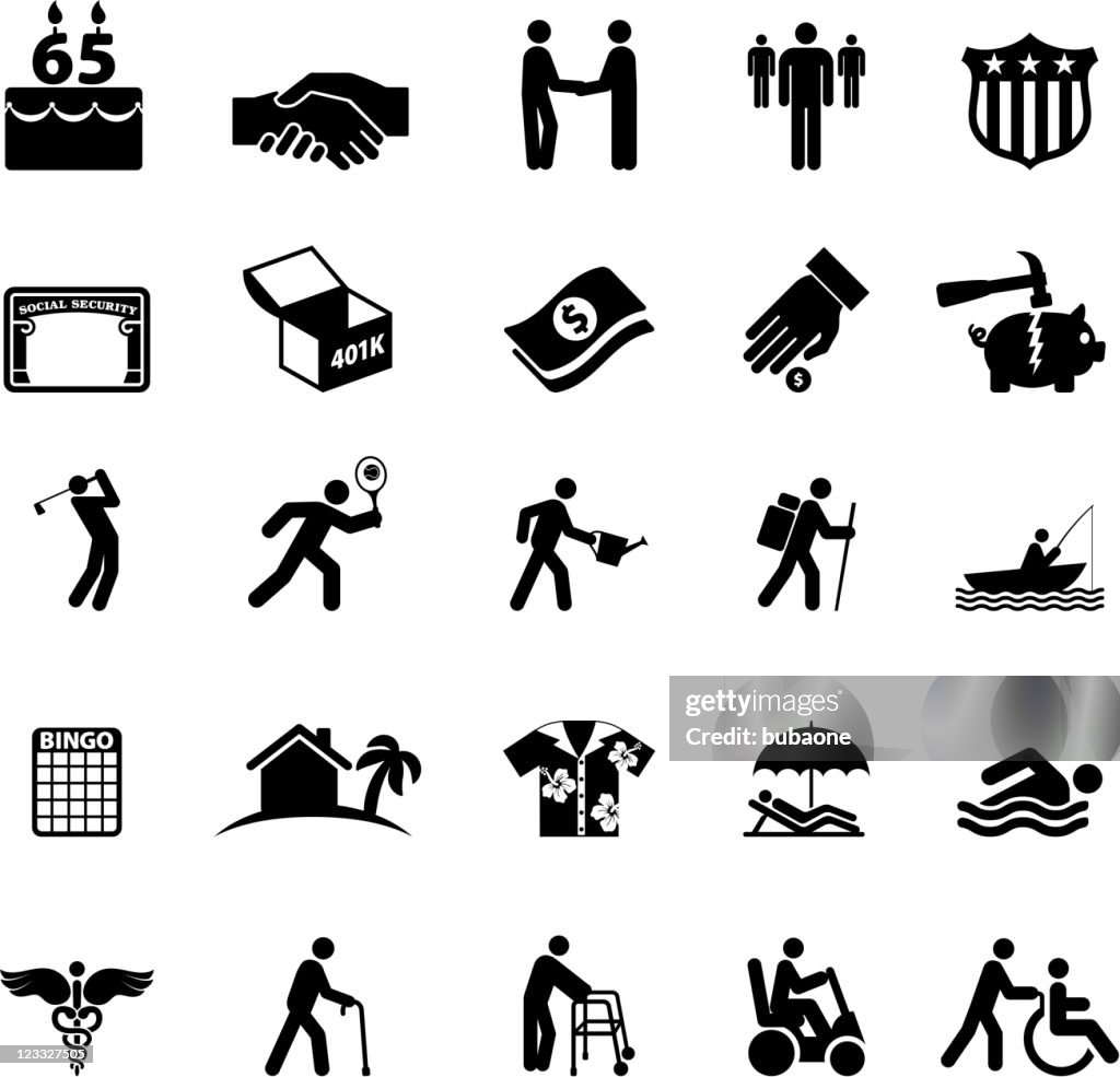 Retirement options in America black and white vector icon set