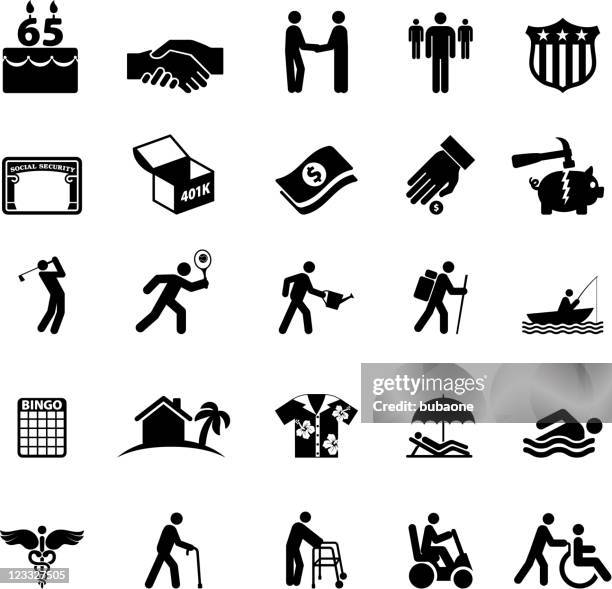 retirement options in america black and white vector icon set - bingo stock illustrations