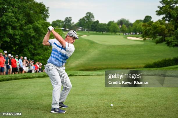 Bryson DeChambeau at the top of his swing as he prepares to play his shot from the 10th tee during the continuation of the first round of the...