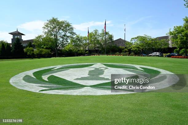 View of the tournament logo in front of the clubhouse during the second round of the Memorial Tournament presented by Nationwide at Muirfield Village...