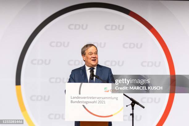 North Rhine-Westphalia's State Premier Armin Laschet, candidate for Chancellor of his conservative Christian Democratic Union party, speaks at the...
