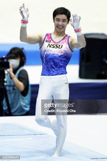 Kenzo Shirai reacts after competing in the Men's Horizontal Bar qualifying round on day one of the 75th All Japan Artistic Gymnastics Apparatus...