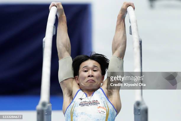 Kazuma Kaya competes in the Men's Parallel Bars qualifying round on day one of the 75th All Japan Artistic Gymnastics Apparatus Championships at the...